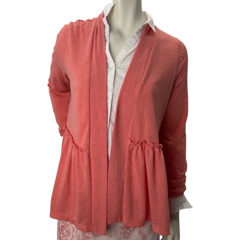 Bobeau Coral Pink Peplum Cardigan Ruffle Waist Shabby Chic Pastel Womens Large